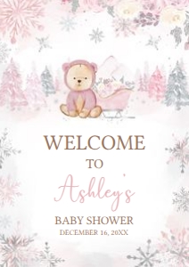 521 Pink Winter Bear Baby Shower Welcome Sign A1: 521 Pink Winter Bear Baby Shower Mega Bundle