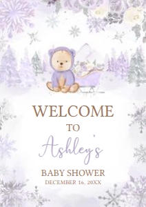 524 Purple Winter Bear Baby Shower Welcome Sign A4: 524 Purple Winter Bear Baby Shower Welcome Sign