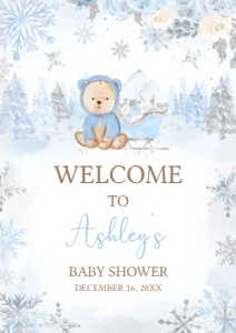 522 Blue Winter Bear Baby Shower Welcome Sign A1: 522 Blue Winter Bear Baby Shower Welcome Sign