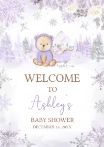524 Purple Winter Bear Baby Shower Welcome Sign A2: 524 Purple Winter Bear Baby Shower Welcome Sign