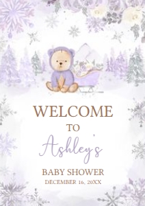 524 Purple Winter Bear Baby Shower Welcome Sign A3: 524 Purple Winter Bear Baby Shower Welcome Sign