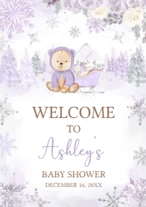 524 Purple Winter Bear Baby Shower Welcome Sign A1: 524 Purple Winter Bear Baby Shower Welcome Sign