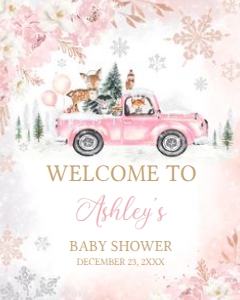 529 Pink Winter Woodland Truck Baby Shower Welcome Sign 16x20: 529 Pink Winter Woodland Truck Baby Shower Welcome Sign