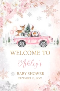 529 Pink Winter Woodland Truck Baby Shower Welcome Sign 20X30: 529 Pink Winter Woodland Truck Baby Shower Welcome Sign