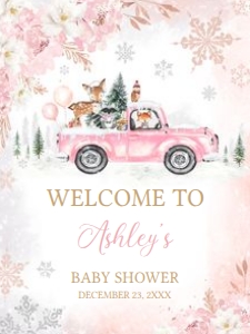 529 Pink Winter Woodland Truck Baby Shower Welcome Sign 18x24: 529 Pink Winter Woodland Truck Baby Shower Welcome Sign