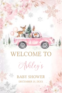 529 Pink Winter Woodland Truck Baby Shower Welcome Sign 24X36: 529 Pink Winter Woodland Truck Baby Shower Welcome Sign