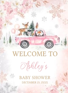 529 Pink Winter Woodland Truck Baby Shower Welcome Sign 11X15: 529 Pink Winter Woodland Truck Baby Shower Welcome Sign