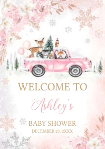 529 Pink Winter Woodland Truck Baby Shower Welcome Sign A1: 529 Pink Winter Woodland Truck Baby Shower Welcome Sign