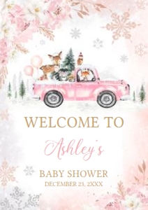 529 Pink Winter Woodland Truck Baby Shower Welcome Sign A3: 529 Pink Winter Woodland Truck Baby Shower Welcome Sign