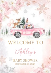 529 Pink Winter Woodland Truck Baby Shower Welcome Sign A4: 529 Pink Winter Woodland Truck Baby Shower Welcome Sign