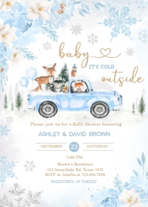 531 Blue Winter Woodland Truck Baby Shower Invitation: 531 Blue Winter Woodland Truck Baby Shower Invitation Set