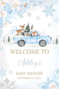 531 Blue Winter Woodland Truck Baby Shower Welcome Sign 24X36: 531 Blue Winter Woodland Truck Baby Shower Welcome Sign