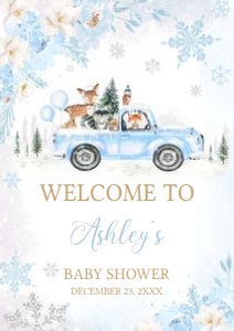531 Blue Winter Woodland Truck Baby Shower Welcome Sign A1: 531 Blue Winter Woodland Truck Baby Shower Welcome Sign