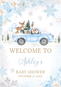 531 Blue Winter Woodland Truck Baby Shower Welcome Sign A4: 531 Blue Winter Woodland Truck Baby Shower Welcome Sign
