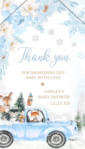 531 Blue Winter Woodland Truck Baby Shower Favor Tag with Line: 531 Blue Winter Woodland Truck Baby Shower Favor Tag