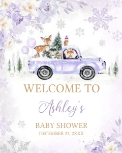 534 Purple Winter Woodland Truck Baby Shower Welcome Sign 16x20: 534 Purple Winter Woodland Truck Baby Shower Welcome Sign