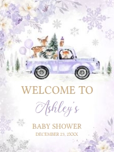 534 Purple Winter Woodland Truck Baby Shower Welcome Sign 18x24: 534 Purple Winter Woodland Truck Baby Shower Welcome Sign