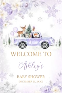 534 Purple Winter Woodland Truck Baby Shower Welcome Sign 24X36: 534 Purple Winter Woodland Truck Baby Shower Welcome Sign