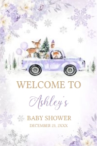 534 Purple Winter Woodland Truck Baby Shower Welcome Sign 20X30: 534 Purple Winter Woodland Truck Baby Shower Welcome Sign