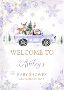 534 Purple Winter Woodland Truck Baby Shower Welcome Sign A3: 534 Purple Winter Woodland Truck Baby Shower Welcome Sign