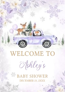 534 Purple Winter Woodland Truck Baby Shower Welcome Sign A4: 534 Purple Winter Woodland Truck Baby Shower Welcome Sign