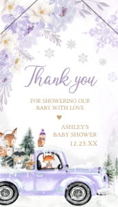 534 Purple Winter Woodland Truck Baby Shower Favor Tag with Line: 534 Purple Winter Woodland Truck Baby Shower Favor Tag