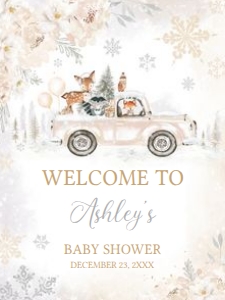 533 White Winter Woodland Truck Baby Shower Welcome Sign 18x24: 533 White Winter Woodland Truck Baby Shower Welcome Sign