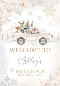 533 White Winter Woodland Truck Baby Shower Welcome Sign A4: 533 White Winter Woodland Truck Baby Shower Welcome Sign