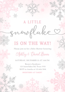 536 Pink Silver Little Snowflake Baby Shower Invitation: 536 Pink Silver Little Snowflake Baby Shower Invitation Set