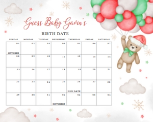 545 Bear Santa Baby Baby Shower Calendar 10x8: 545 Bear Santa Baby Baby Shower Calendar