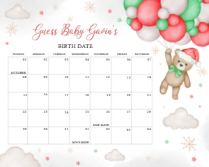 545 Bear Santa Baby Baby Shower Calendar 20x16: 545 Bear Santa Baby Baby Shower Calendar
