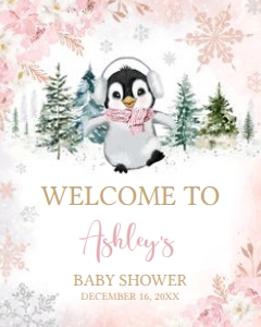 557 Pink Penguin Baby Shower Welcome Sign 16x20: 557 Pink Penguin Baby Shower Welcome Sign