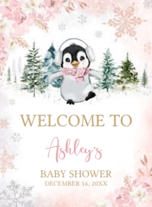 557 Pink Penguin Baby Shower Welcome Sign 11x15: 557 Pink Penguin Baby Shower Welcome Sign