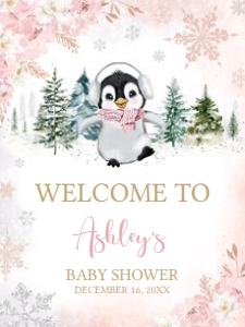 557 Pink Penguin Baby Shower Welcome Sign 18x24: 557 Pink Penguin Baby Shower Welcome Sign