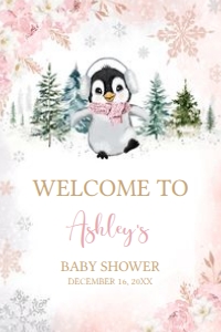 557 Pink Penguin Baby Shower Welcome Sign 20x30: 557 Pink Penguin Baby Shower Welcome Sign