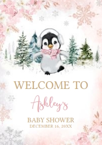 557 Pink Penguin Baby Shower Welcome Sign A4: 557 Pink Penguin Baby Shower Welcome Sign