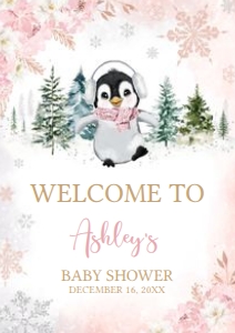 557 Pink Penguin Baby Shower Welcome Sign A3: 557 Pink Penguin Baby Shower Welcome Sign
