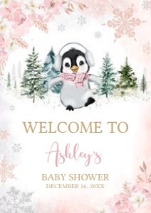557 Pink Penguin Baby Shower Welcome Sign A2: 557 Pink Penguin Baby Shower Welcome Sign