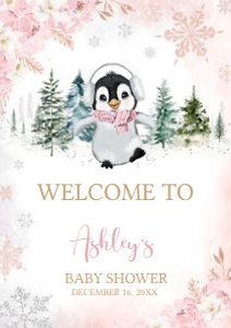557 Pink Penguin Baby Shower Welcome Sign A1: 557 Pink Penguin Baby Shower Welcome Sign