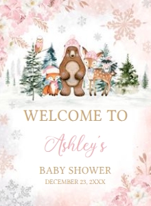 558 Pink Winter Woodland Animals Baby Shower Welcome Sign 11x15: 558 Pink Winter Woodland Animals Baby Shower Welcome Sign