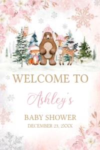 558 Pink Winter Woodland Animals Baby Shower Welcome Sign 20x30: 558 Pink Winter Woodland Animals Baby Shower Welcome Sign