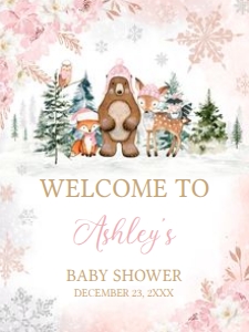 558 Pink Winter Woodland Animals Baby Shower Welcome Sign 18x24: 558 Pink Winter Woodland Animals Baby Shower Welcome Sign