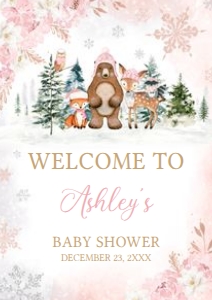558 Pink Winter Woodland Animals Baby Shower Welcome Sign A3: 558 Pink Winter Woodland Animals Baby Shower Welcome Sign