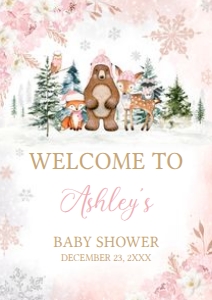 558 Pink Winter Woodland Animals Baby Shower Welcome Sign A2: 558 Pink Winter Woodland Animals Baby Shower Welcome Sign