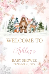 558 Pink Winter Woodland Animals Baby Shower Welcome Sign 24x36: 558 Pink Winter Woodland Animals Baby Shower Welcome Sign