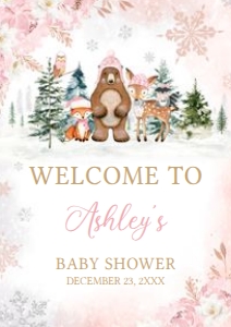 558 Pink Winter Woodland Animals Baby Shower Welcome Sign A4: 558 Pink Winter Woodland Animals Baby Shower Welcome Sign