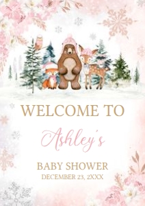 558 Pink Winter Woodland Animals Baby Shower Welcome Sign A1: 558 Pink Winter Woodland Animals Baby Shower Welcome Sign