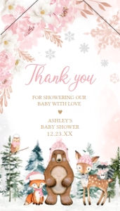 558 Pink Winter Woodland Animals Baby Shower Favor Tag with Line: 558 Pink Winter Woodland Animals Baby Shower Favor Tag