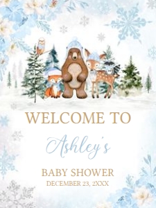 560 Blue Winter Woodland Animals Baby Shower Welcome Sign 18x24: 560 Blue Winter Woodland Animals Baby Shower Welcome Sign