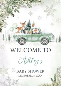 562 Green Winter Woodland Truck Baby Shower Welcome Sign A2: 562 Green Winter Woodland Truck Baby Shower Welcome Sign
